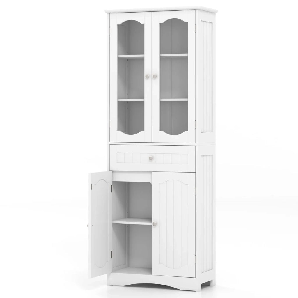Mobile contenitore alto 60 x 30 x 160 cm 2 ante in vetro 2 ripiani regolabili stile moderno MDF bianco 20_0018063