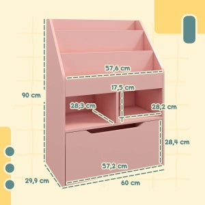 Libreria per bambini con cassetto e vani portaoggetti, rosa, 60 x 29,9 x 90 cm