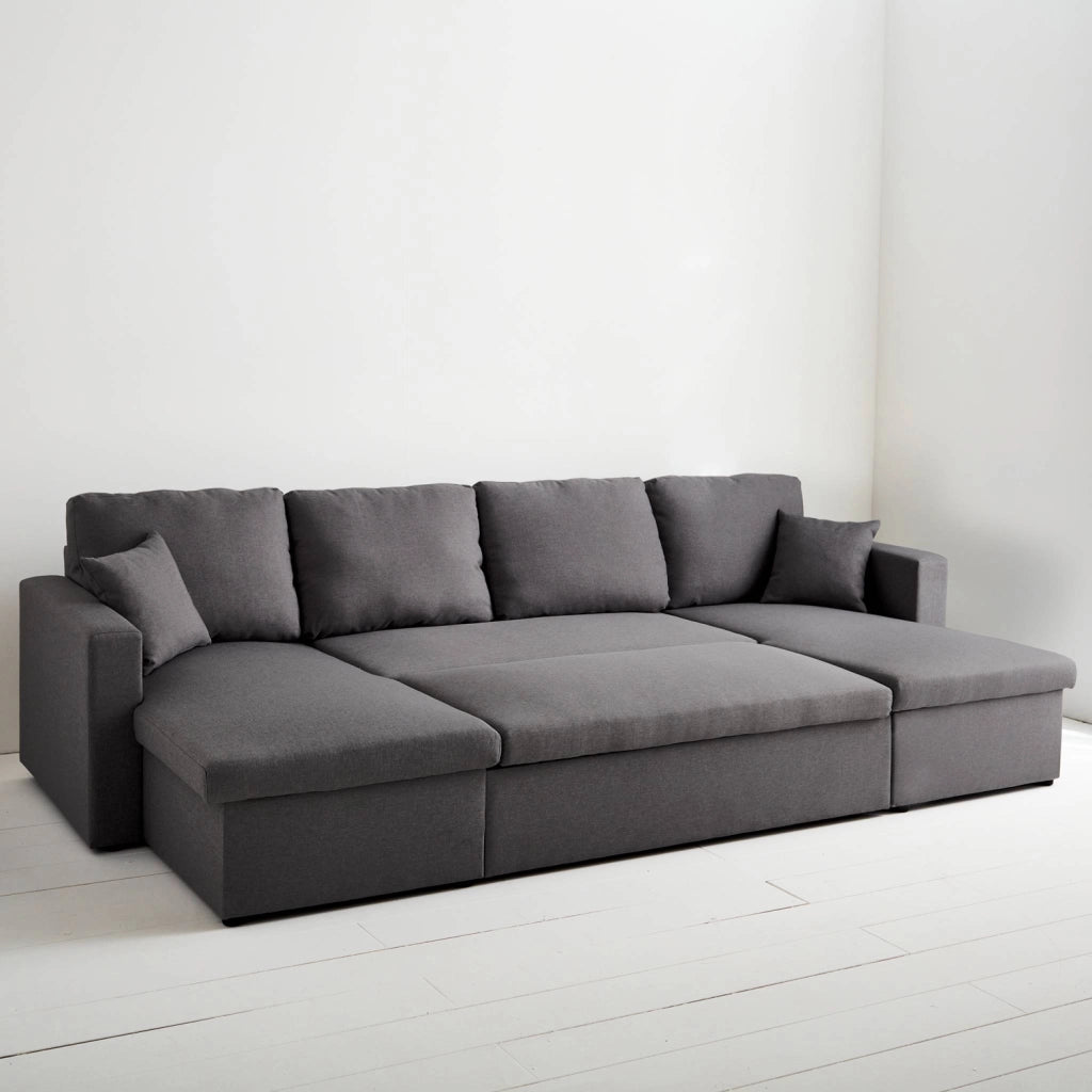 Divano letto panoramico in tessuto, 4 posti, grigio scuro