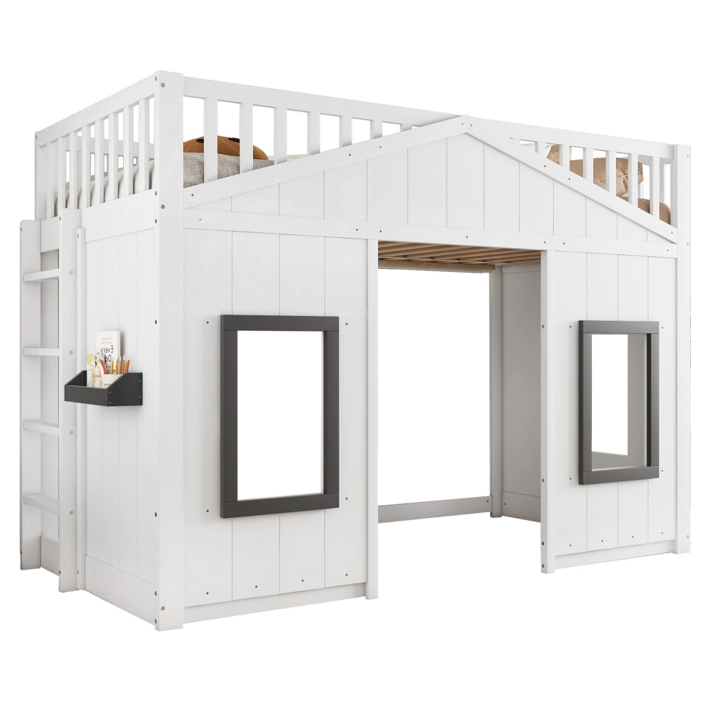Letto a Soppalco 90x200 cm - Scala; Sponda e Mensola - Legno e MDF - Bianco
