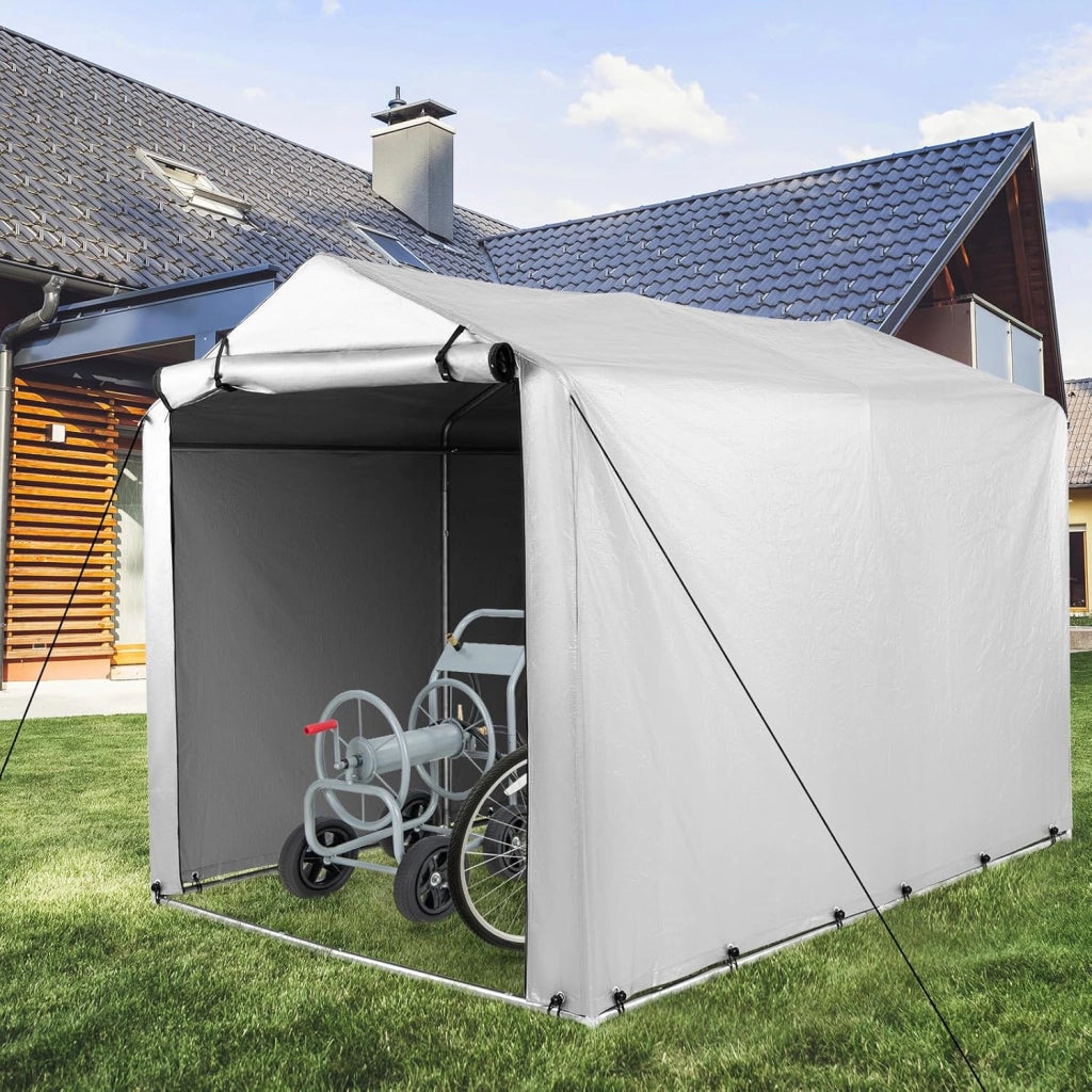 Capanno di Stoccaggio per Esterni, Garage Portatile per Biciclette, Motociclette, Attrezzi da Giardino, Carport per Bici con Porta a Rullo e Cerniera, 160 x 218 x 164 cm (Grigio Argento)