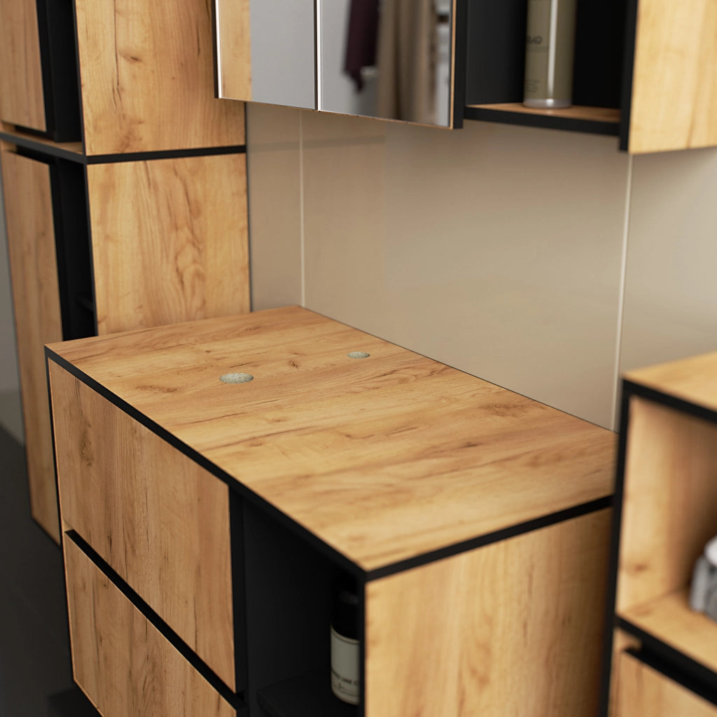 Set di mobili da bagno sospesi VAMI in Rovere Craft con interno Nero con fori per lavabo da appoggio