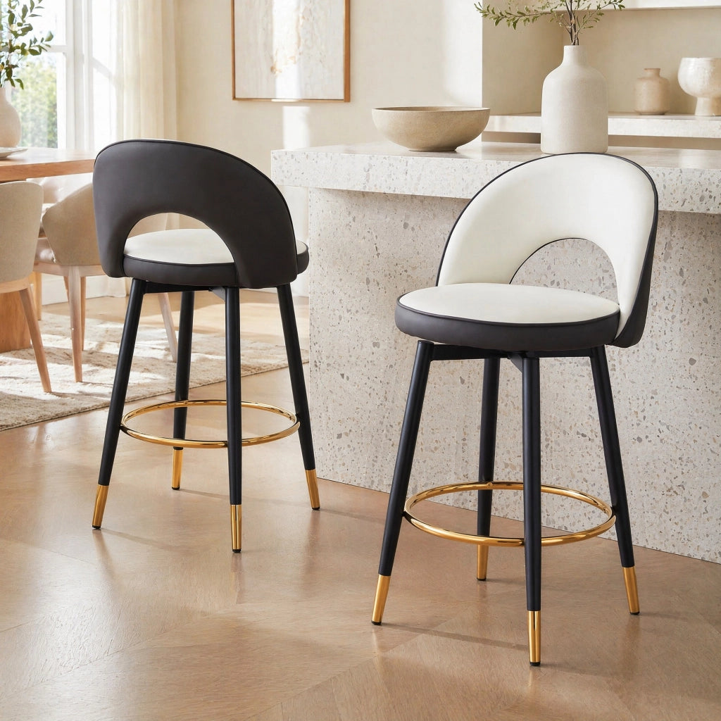 Sgabello da Bar Girevole 360° con Schienale Ajouré, Gambe in Metallo, in PU, Grigio Scuro e Bianco