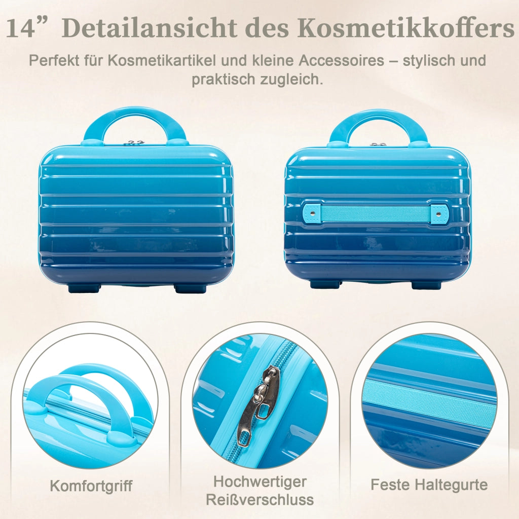 Valigia rigida in PC a 2 pezzi con lucchetto a combinazione, 4 ruote doppie, trolley 20 pollici con beauty case blu
