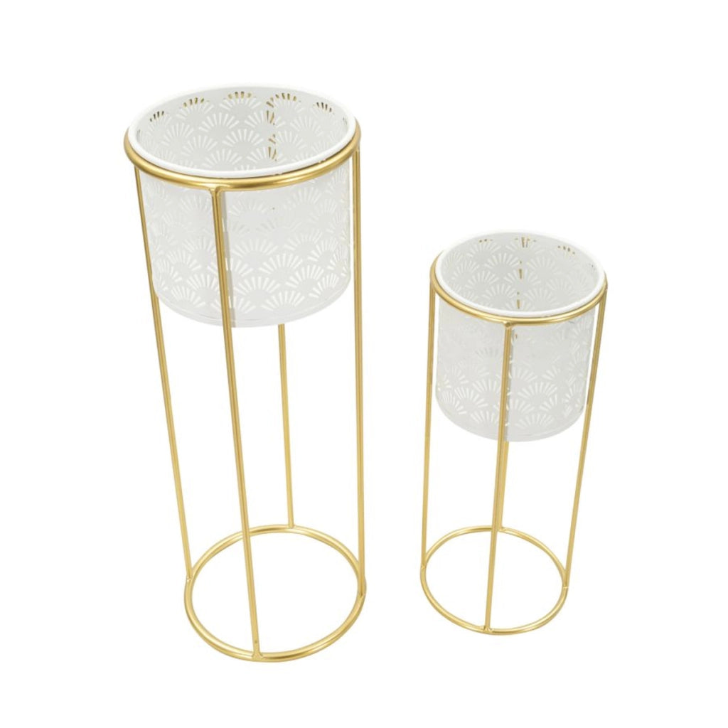 Coppia portavasi cilindrici Whity in ferro oro e bianco, O17x46 e O14x34 cm