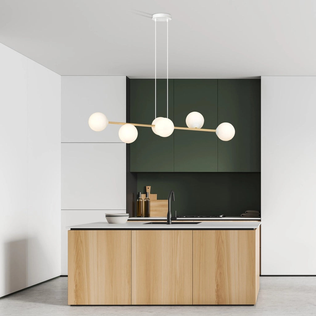 Lampada a sospensione Gravity in acciaio oro e vetro bianco