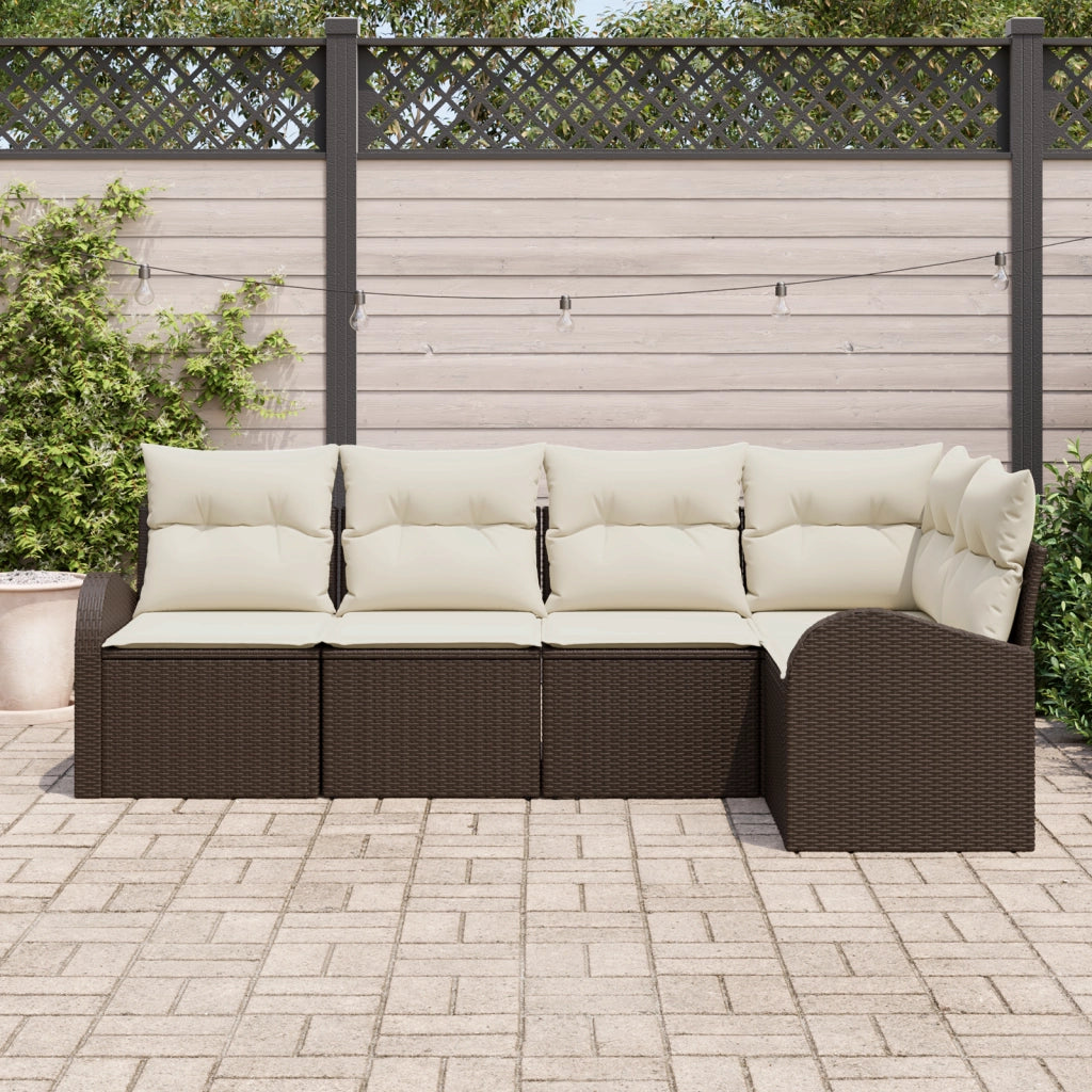Set Divano da Giardino di 5 Pezzi con Cuscini Marrone Rattan Poliestere