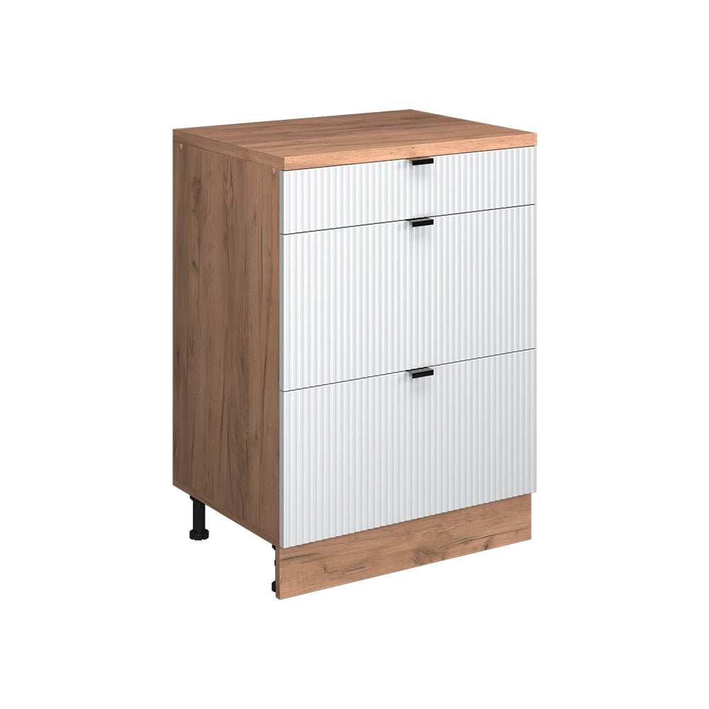 Mobile cucina sottotetto R-Line Ondulazione bianca/Rovere dorato 60 cm senza inclinazione con 3 cassetti Vicco