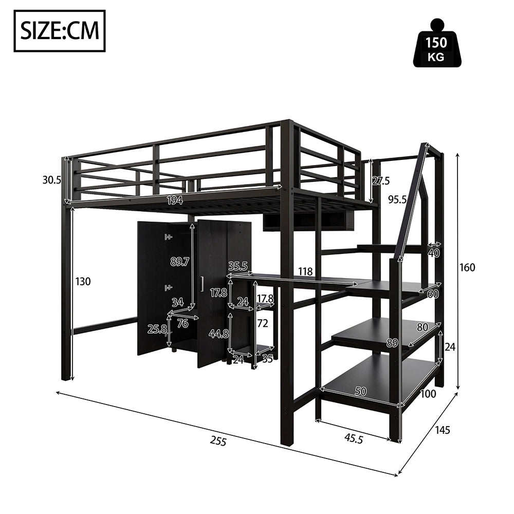 Letto mezzanino 140x200cm - Xylo - nero, armadio, organizzazione pratica