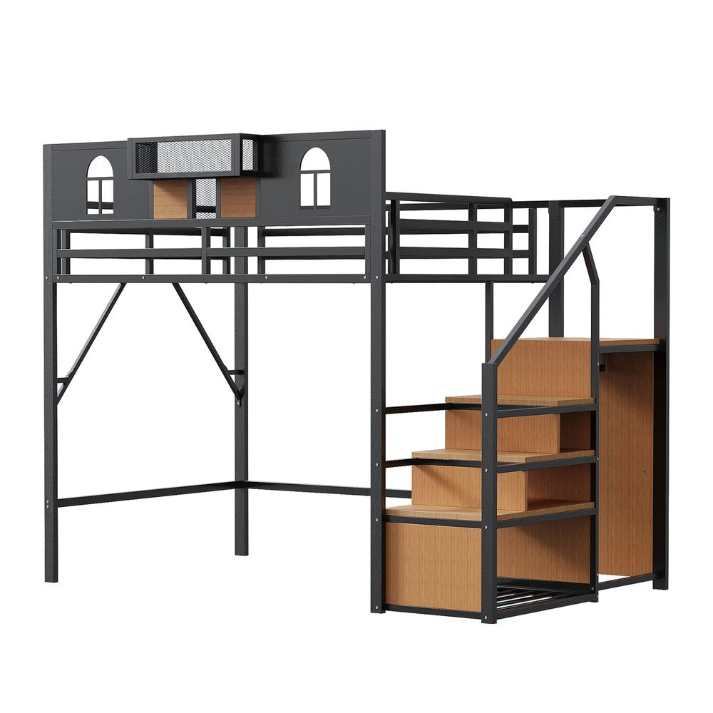 Letto a Soppalco in Metallo con Contenitore ¨C MINIMAL ¨C Nero 140x200