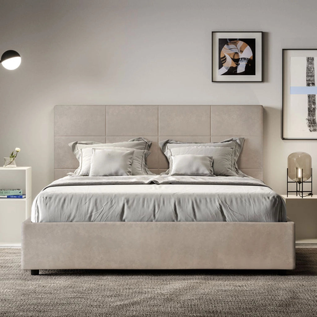 Letto Matrimoniale 160x200 cm con Rete e Contenitore Giroletto con Alzata Comoda Imbottito in Microfibra Mika Sabbia