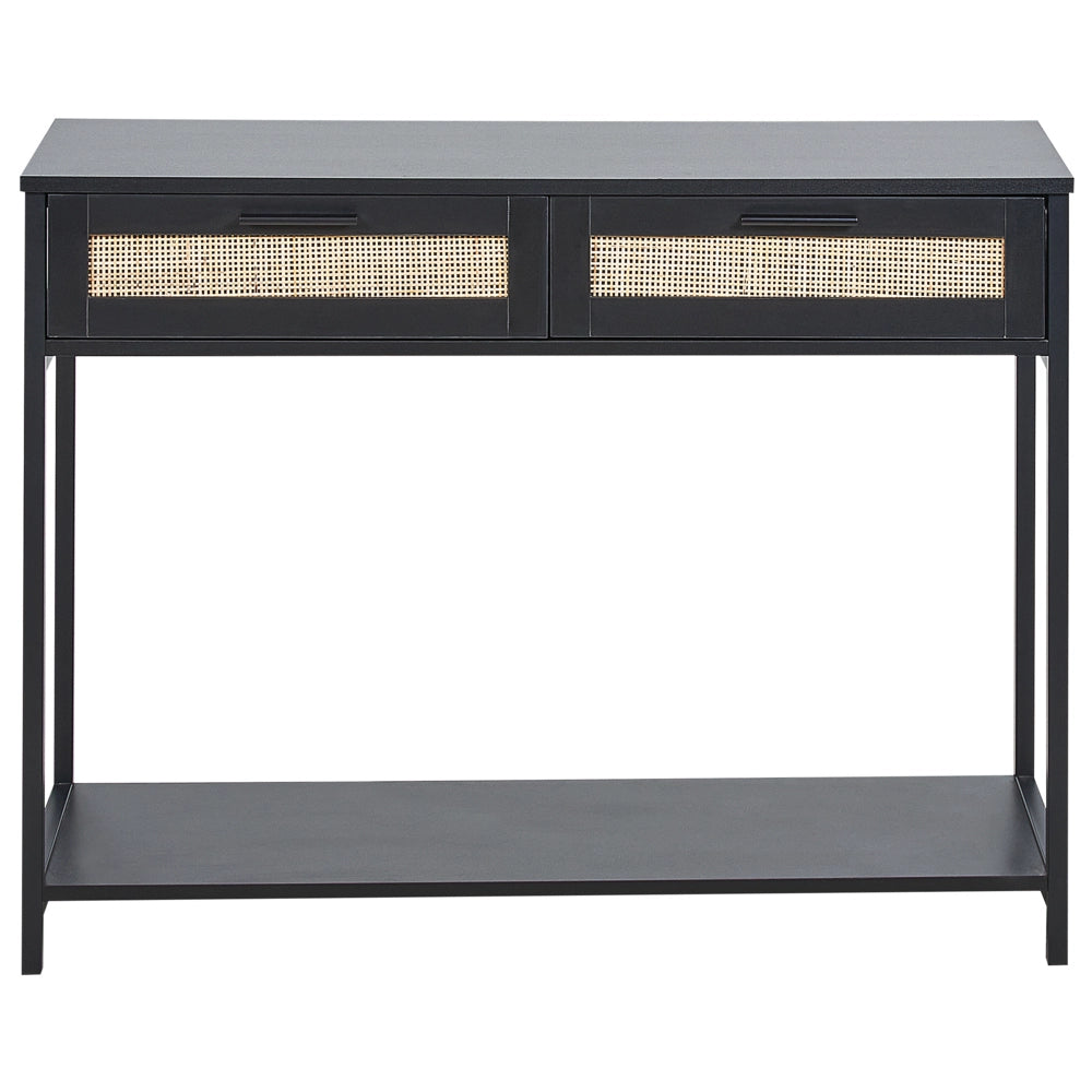 Tavolo Consolle Nero Legno di Fabbrica Gambe in Legno di Gomma Nero 2 Cassetti Fronti in Vimini Rattan Soggiorno Camera da Letto Corridoio Mobili Boho Design