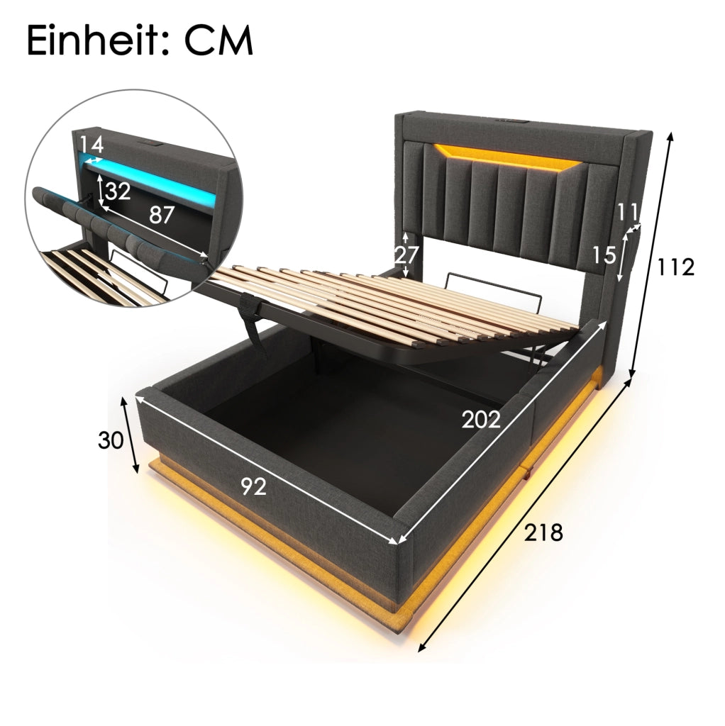 Letto singolo 90x200 cm in lino grigio con LED; ricarica USB e Type-C; contenitore e materasso