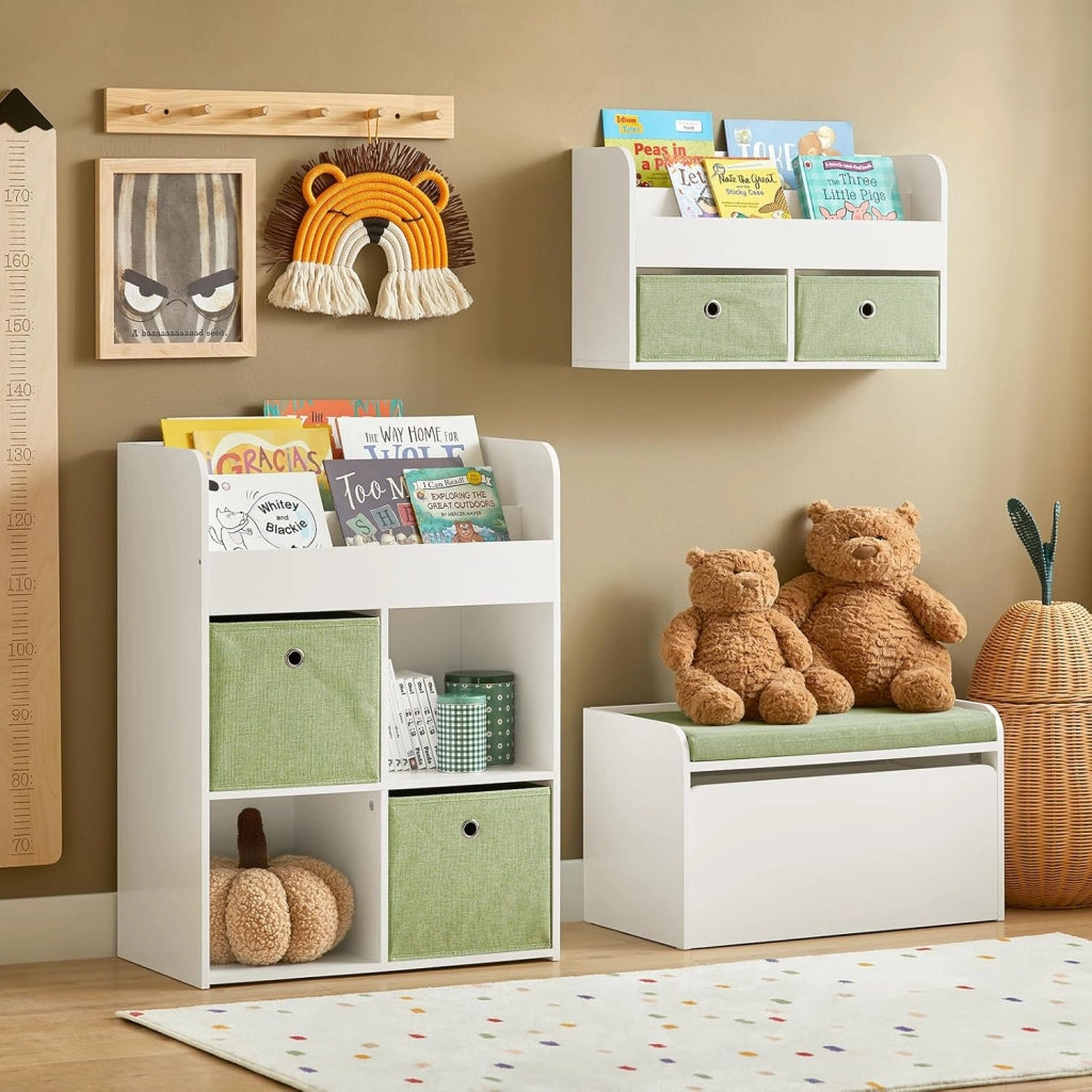Libreria per Bambini Scaffale con 2 Scatole in Tessuto Organizzatore di Giocattoli Bianco 60x34x80cm KMB79-W