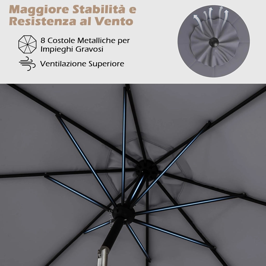Ombrellone da Giardino, Diametro 3M, Ombrello da Spiaggia con Manovella e Inclinazione Regolabile, Ideale per Spiaggia, Balcone, Giardino (Grigio)