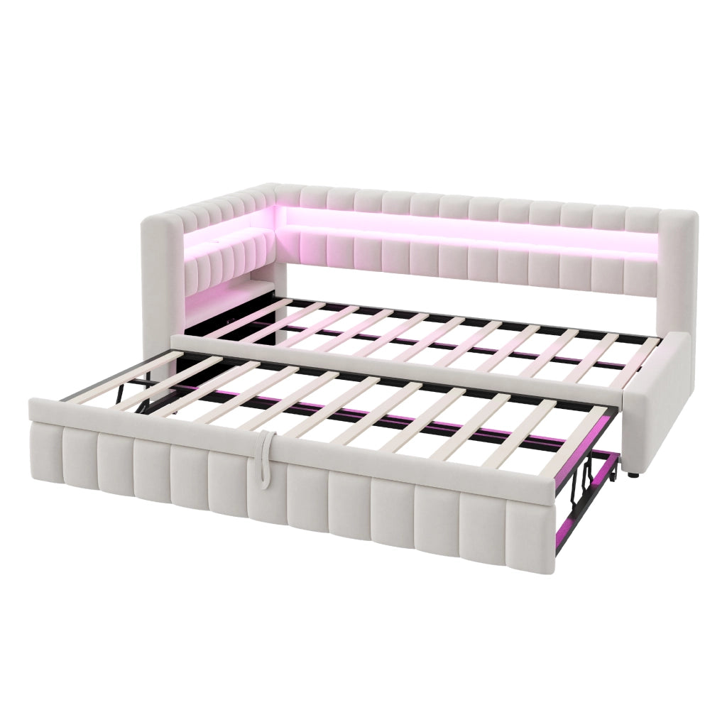 OKWISH Letto a Divano 90×200 cm, Letto Singolo con Letto Estraibile, USB, Type-C, LED Regolabile e Vani Portaoggetti, senza Materasso, Beige