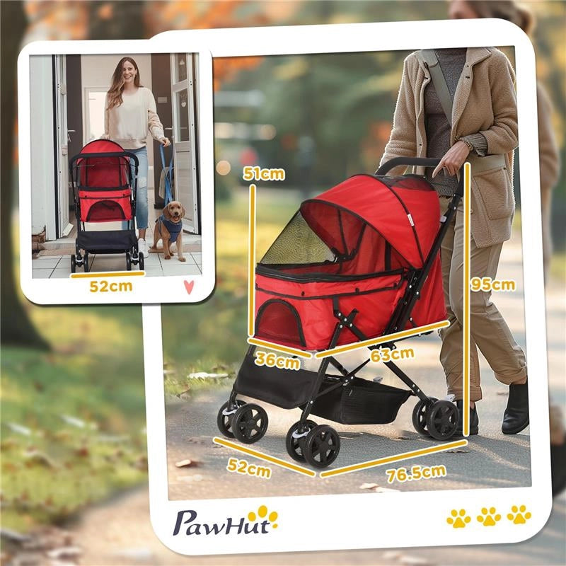 PASSEGGINO PER CANI PICCOLI PIEGHEVOLE CON MANIGLIONE GIREVOLE E RUOTE CON FRENI, 76.5X52X95CM, ROSSO