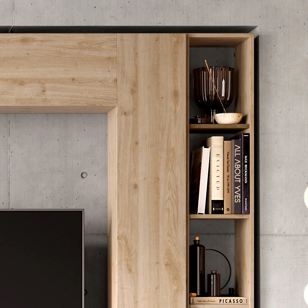 Parete Attrezzata Made in Italy Infinity 9 con 2 colonne, base TV, elemento a ribalta e elemento con vani, design moderno ideale per soggiorno, sala da pranzo, cucina, colore Bronzo/Cadiz