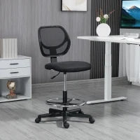 Sedia da Ufficio con Seduta Alta in Tessuto, Poggiapiedi, Altezza Regolabile 50-70 cm, Girevole 360°, Nero