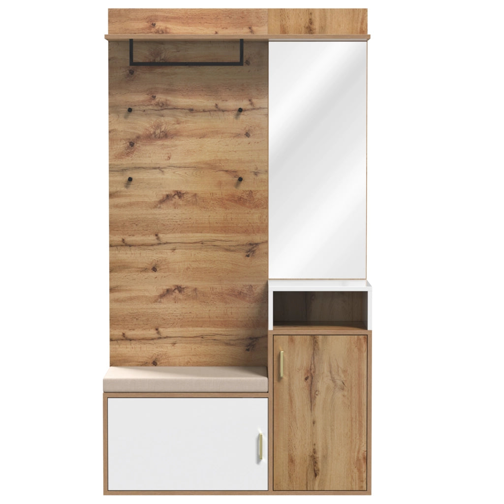 Mobile da ingresso con specchio; panca; 2 vani portascarpe; 4 ganci e barra appendiabiti; in MDF e pannello truciolare; 105 × 40 × 190.5 cm; Bianco e legno