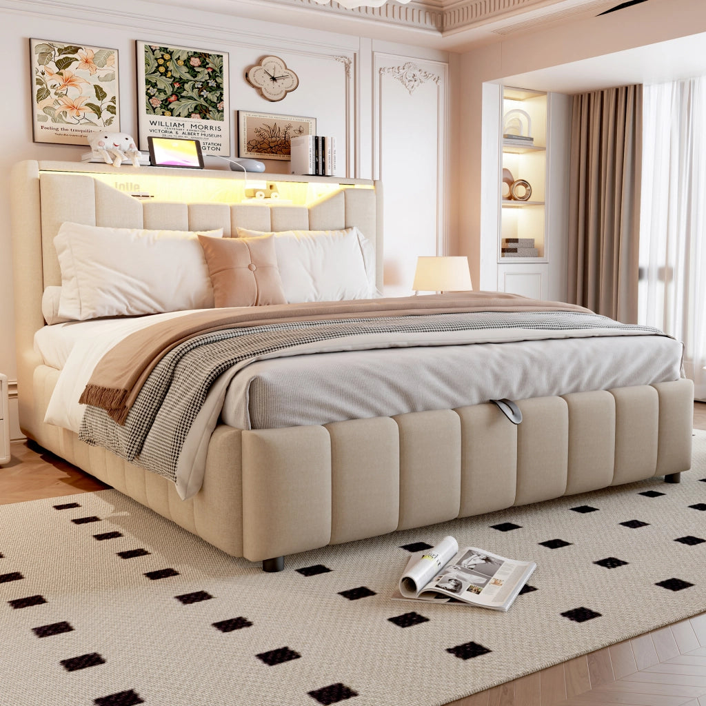 Letto imbottito 140x200 cm con contenitore; LED e porte USB in tessuto beige