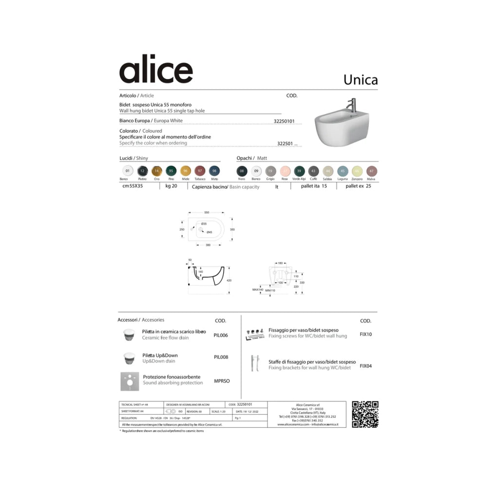 Bidet Sospeso Alice Ceramica "Unica 55" Bianco Opaco