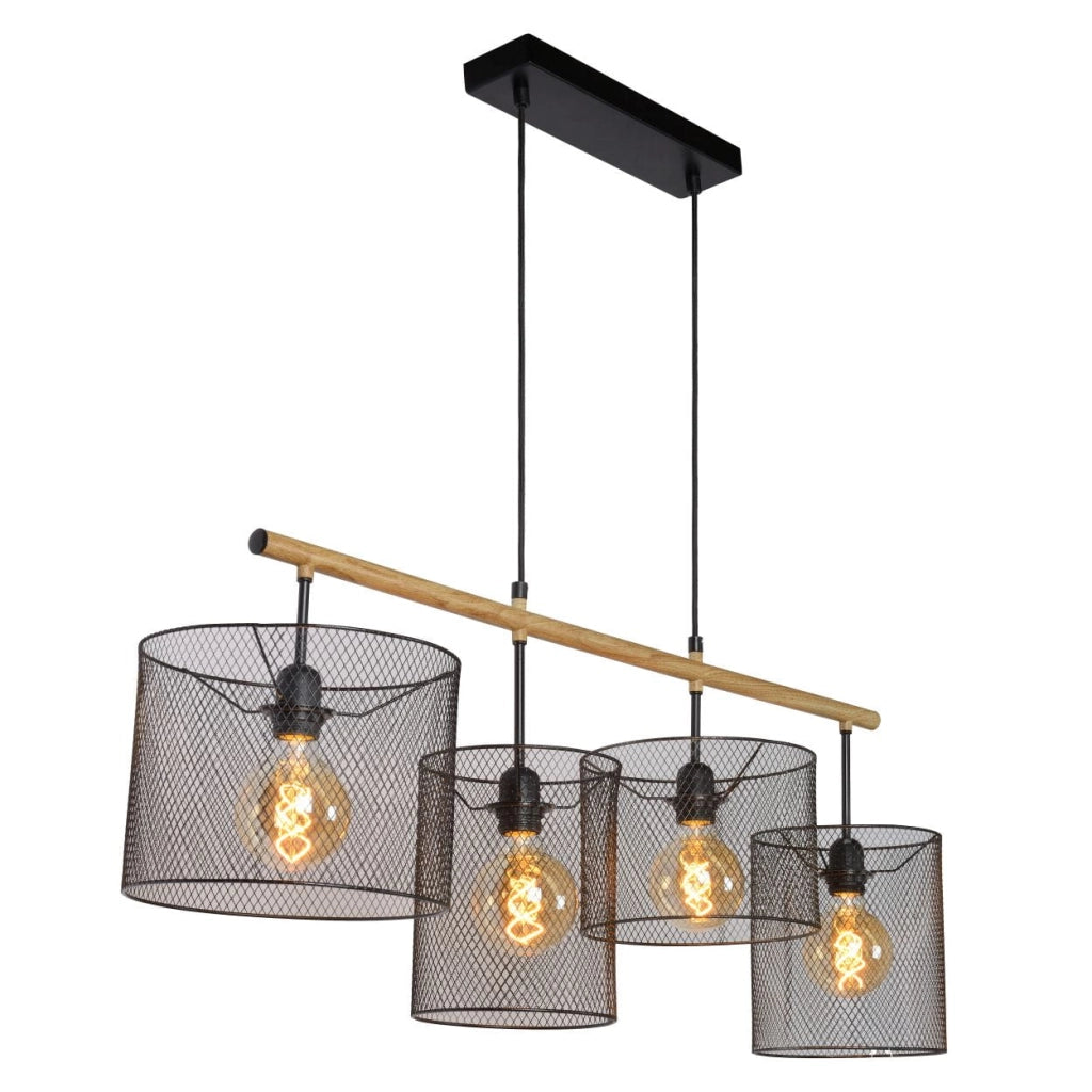Lucide Baskett lampadario 4 luci E27 nero/legno regolabile