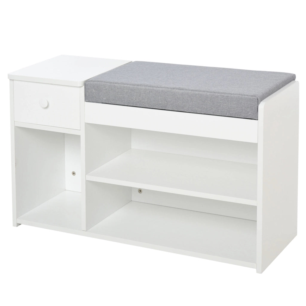 Panca Scarpiera con Cuscino, Cassetto e 3 Vani Aperti in Legno, 81x31.5x49cm, Bianco