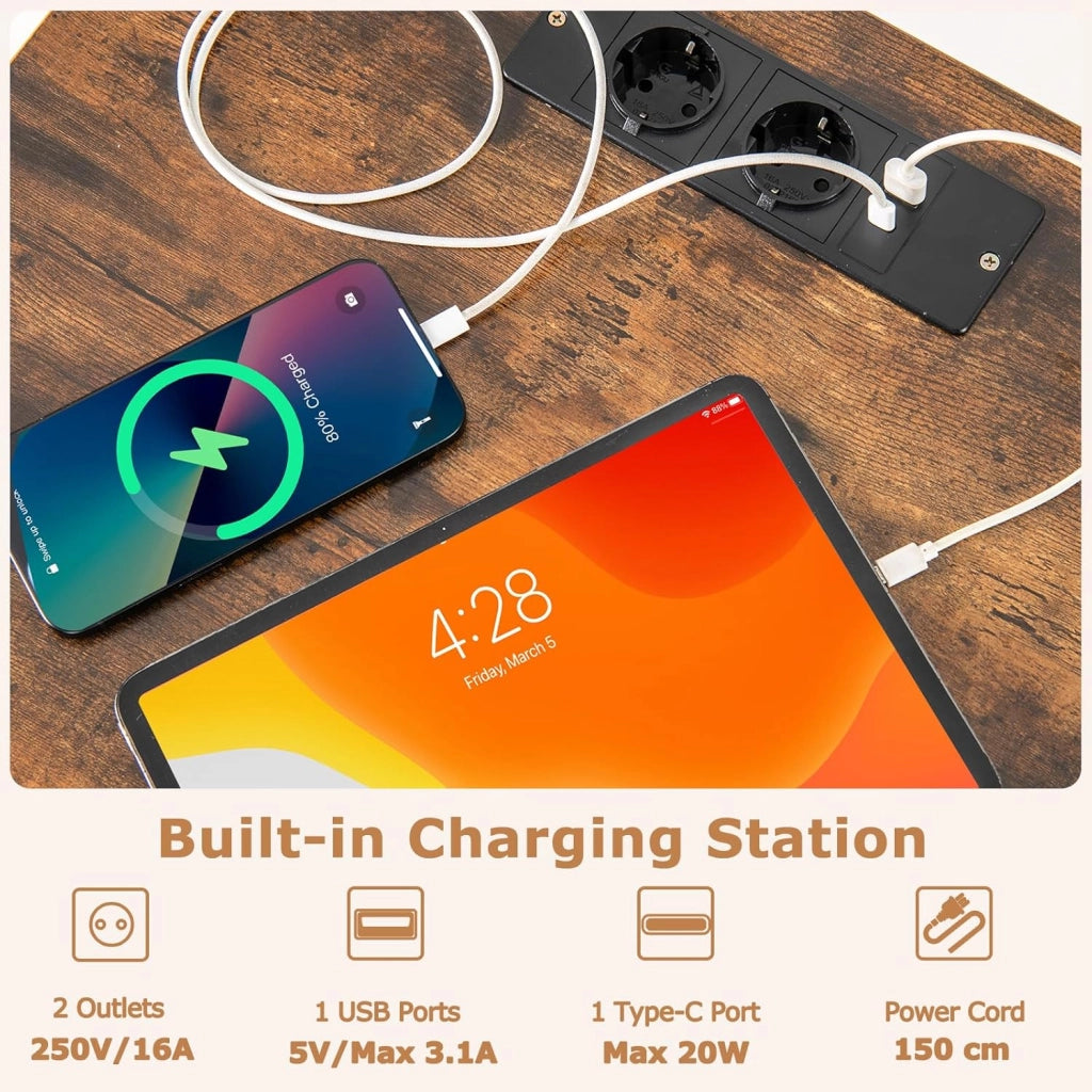 Supporto per Giradischi in Vinile con Stazione di Ricarica, Mobile Giradischi con Divisori Rimovibili e Ruote, Mobiletto Portaoggetti con Telaio in Metallo per Ufficio, Soggiorno, Marrone