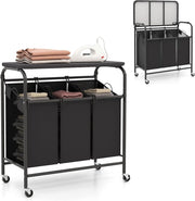 Cesto portabiancheria a 3 sezioni, cesto per biancheria con ruote in metallo con 3 sacchetti rimovibili, asse da stiro pieghevole, bannette triplo mobile, 81 x 41 x 87 cm