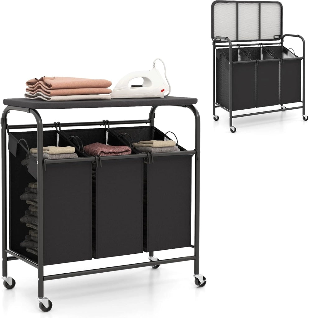 Cesto portabiancheria a 3 sezioni, cesto per biancheria con ruote in metallo con 3 sacchetti rimovibili, asse da stiro pieghevole, bannette triplo mobile, 81 x 41 x 87 cm
