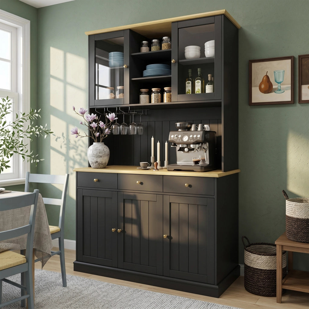 Buffet alto salvaspazio 120×40×191 cm con ante in vetro, portasbicchieri, ripiani regolabili, presa integrata e porte USB