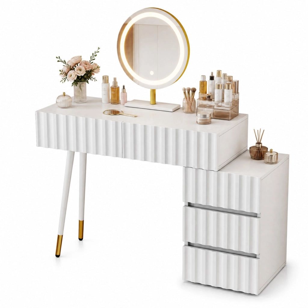 Tavolo da trucco con specchio LED e 5 cassetti
