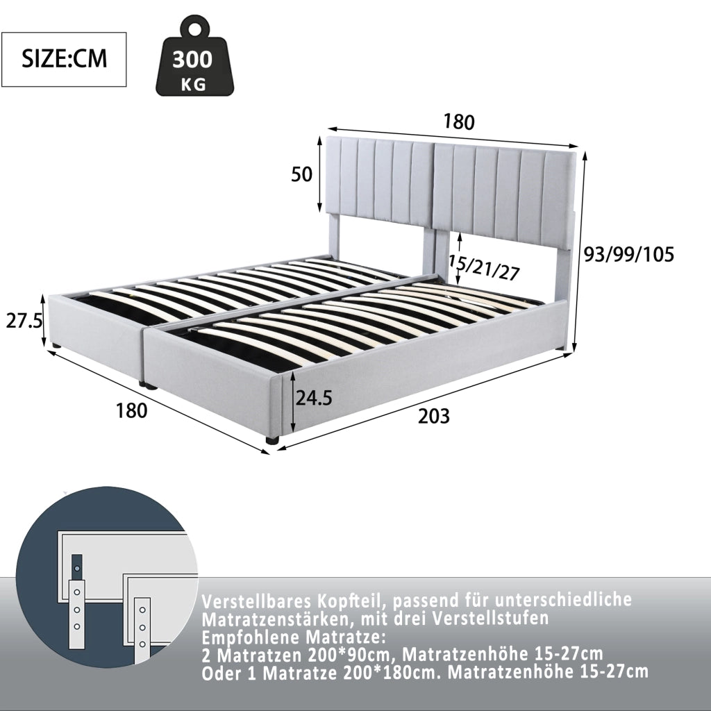 Letto Contenitore Matrimoniale 180x200 cm; 2 Posti; con Rete a Doghe e Testiera Regolabile; Grigio