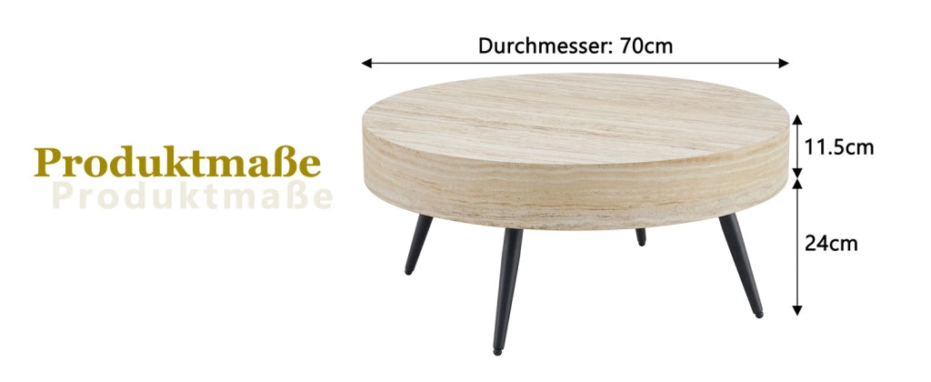 TAVOLINO DA CAFFÈ Rotondo 70 cm MDF effetto travertino chiaro, gambe nere