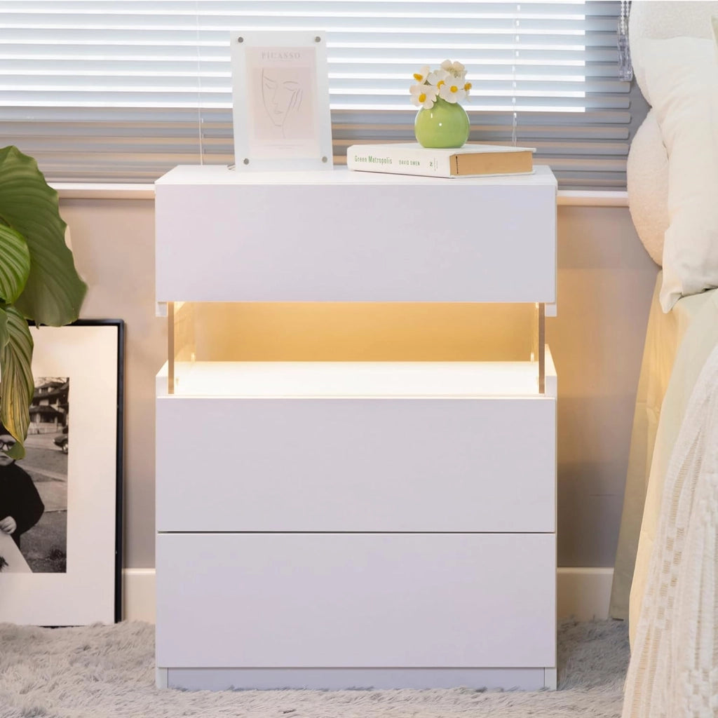 COMODINO con LED e 3 cassetti Bianco in pannello di legno