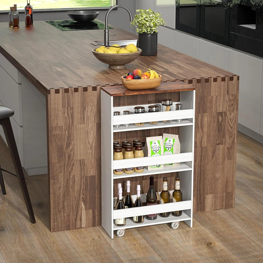 Carrello per Nicchia con Ruote, 4 Livelli，Carrello di Servizio Stretto Salvaspazio, da Bagno, Scaffale da Cucina Sottile 47,5 x 13 x 80,5 cm (Industriale+Bianco, Largo 20 cm)