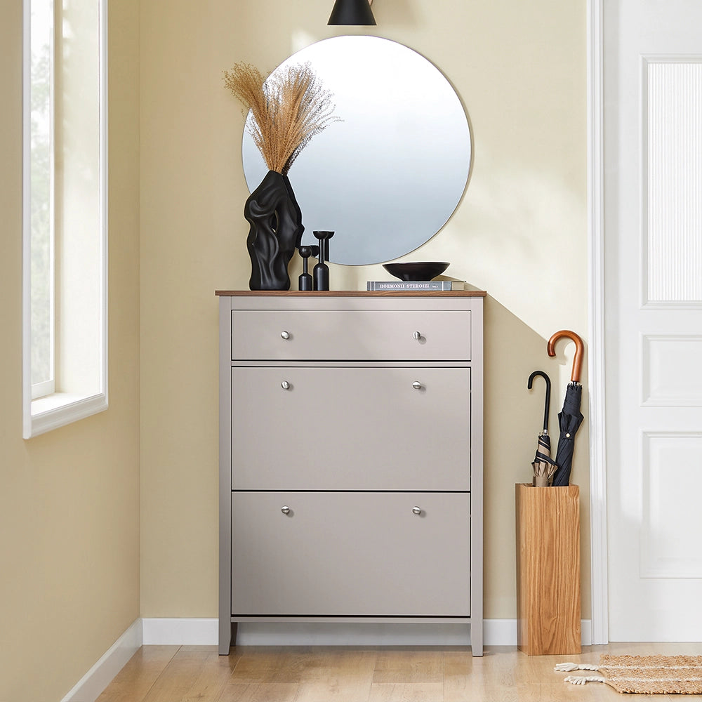 SoBuy Scarpiera Salvaspazio Slim Ingresso - Mobile Scarpiera con Cassetto e 2 Ante a Ribalta per 12 Paia - Design Nordico in Legno, Facile Montaggio, 78x24x108 cm, Marrone Chiaro, FSR89-KA