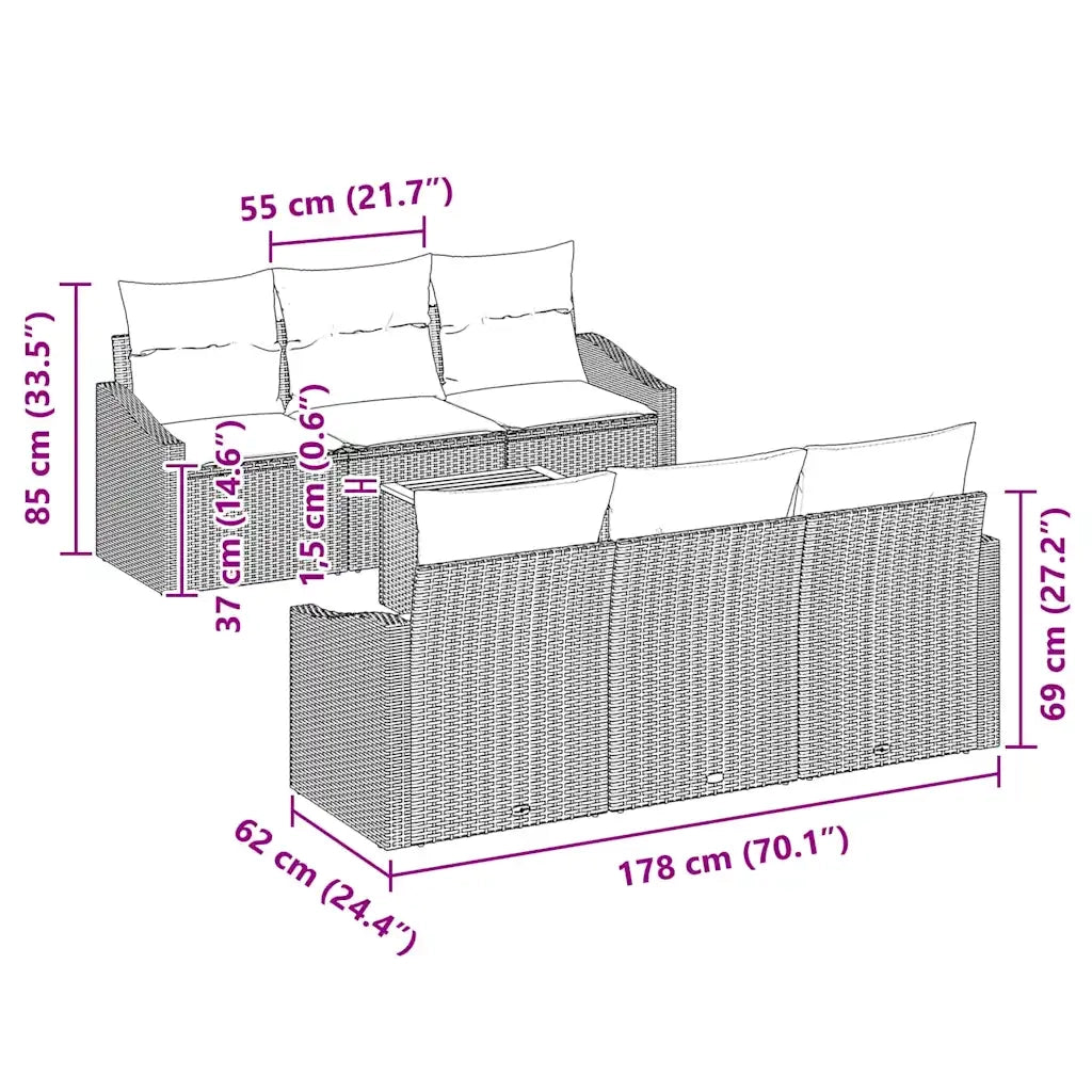 Set Divano da Giardino con cuscino 7 pcs Beige polyrattan