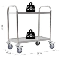 Carrello Cucina 2 Ripiani, Carrello con Ruote Portatutto, Carrello Portavivande in Acciaio Inox, 80x45x82cm, Argento