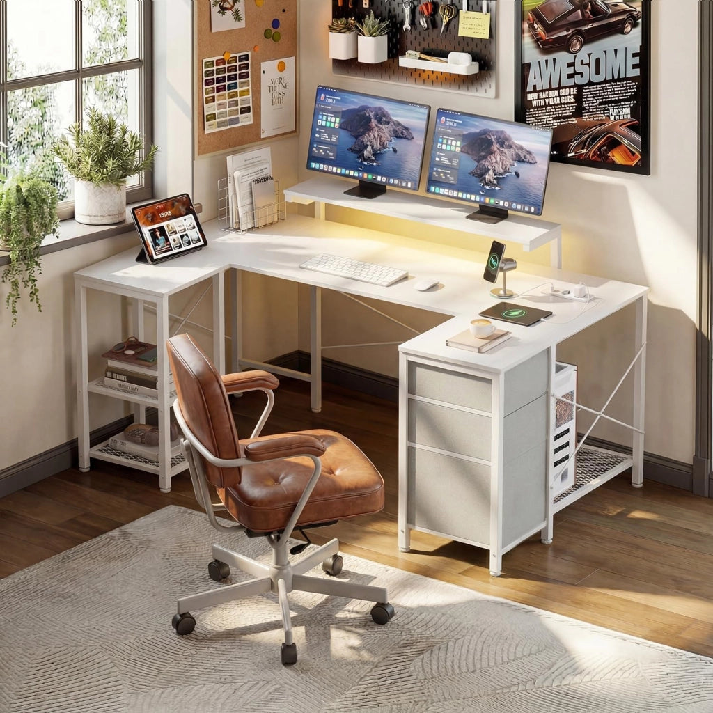 Scrivania Angolare 170x95 cm, Tavolo A L Da Gioco con 3 Cassetti, Illuminazione LED, Supporto Monitor, 2 Prese + 2 USB, Adatta per Ufficio/Studio, Ideale per Camere, Bianca