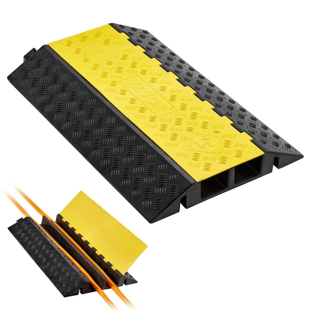 Rampa Passacavo a 2 Canali DRX-R2-1 in Gomma e PVC, Dosso Rallentatore con Coperchio Apribile, Canale 100 x 75 mm, Portata 9979 kg, Nero e Giallo