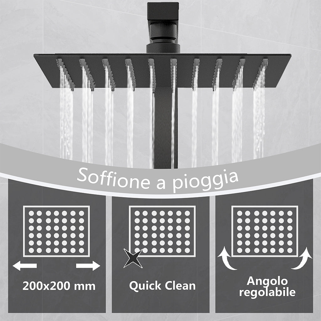 Kit doccia con miscelatore termostatico, soffione quadrato 20x20cm, doccetta quadrata 22x6.4cm, colonna doccia regolabile 73-115cm, nero