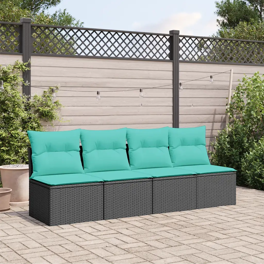 Divano da Giardino con Cuscini a 4 Posti Nero in Polyrattan