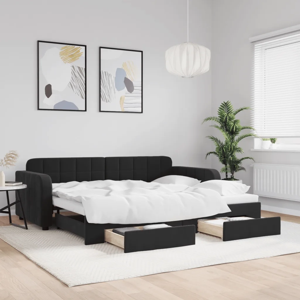 Divano Letto Estraibile con Cassetti-Sofa Letto-Daybed Nero 90x200 cm in Velluto 363150
