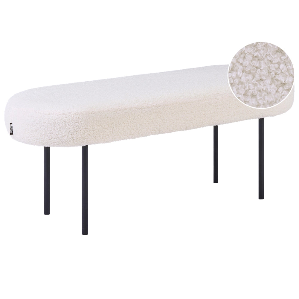 Panca Boucle con gambe in metallo, seduta ovale imbottita, stile cottage retrò, bianco sporco