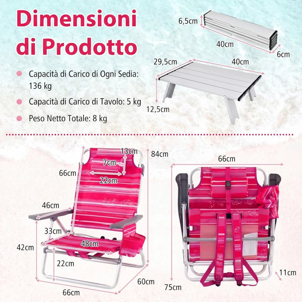 Set di 2 Sedie e Tavolino da Spiaggia Pieghevole, Schienale Regolabile a 5 Livelli, con Portatesta, Borsa Portaoggetti, Borsa Termica, per Campeggio Picnic Esterno (Rosa Scuro, Modello 2)