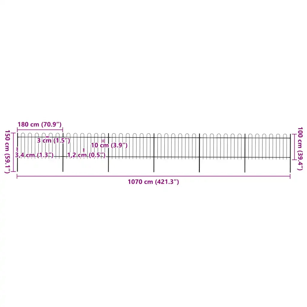 Recinzione da Giardino | Recinzione da cortile con Parte Superiore ad Anello in Acciaio 1070x100 cm Nero
