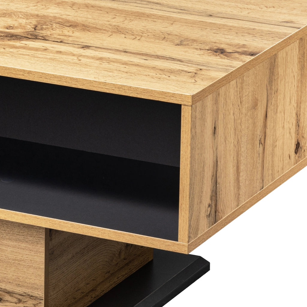 Tavolino da Salotto con 1 Cassetto; 2 Vani Contenitori e Design senza Maniglie; per Soggiorno; in Pannello; Naturale