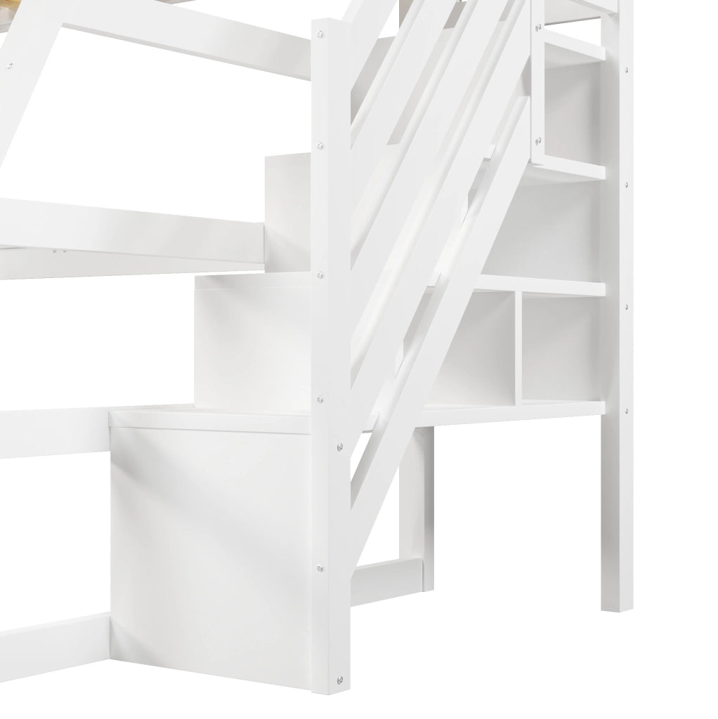 Letto a soppalco 90x200 cm con scrivania; LED e scala contenitore in MDF; pino e compensato bianco